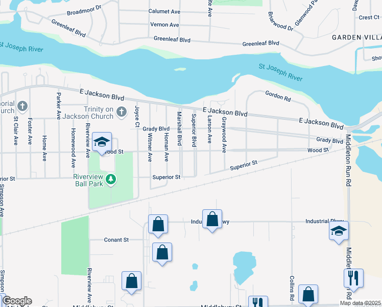 map of restaurants, bars, coffee shops, grocery stores, and more near 3117 Wood Street in Elkhart