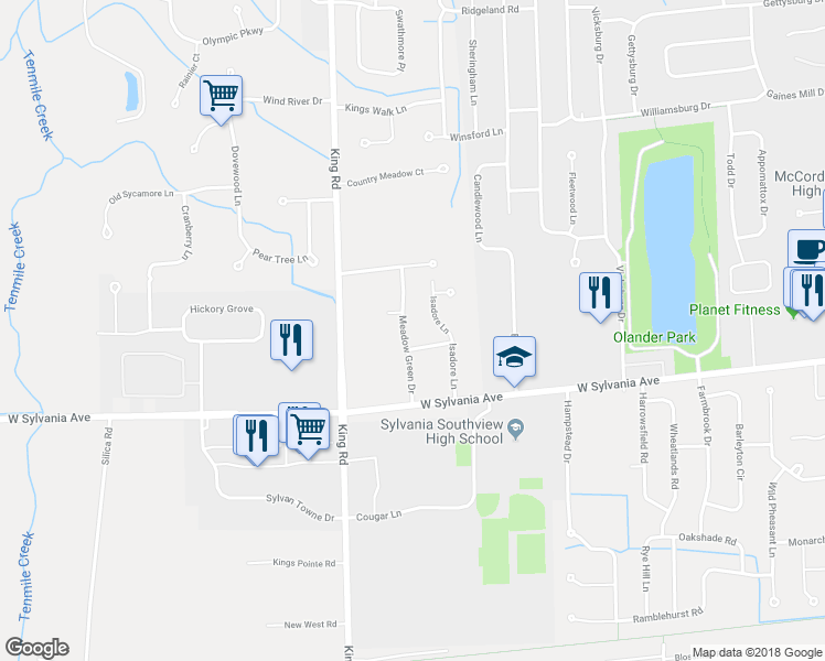 map of restaurants, bars, coffee shops, grocery stores, and more near 4126 Meadow Green Drive in Sylvania