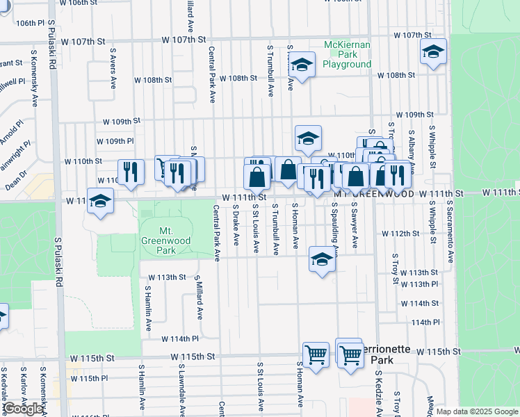 map of restaurants, bars, coffee shops, grocery stores, and more near 11117 South Saint Louis Avenue in Chicago