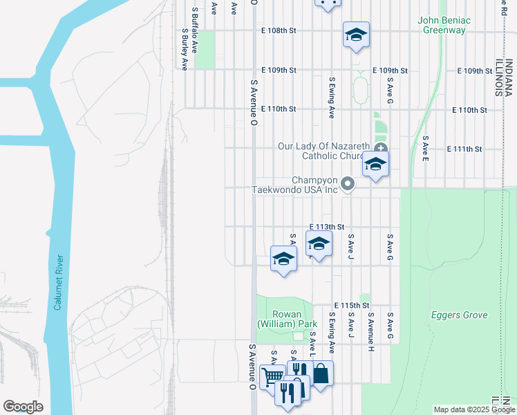 map of restaurants, bars, coffee shops, grocery stores, and more near 11233 South Avenue O in Chicago