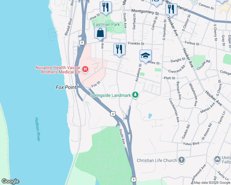 map of restaurants, bars, coffee shops, grocery stores, and more near 210 South Avenue in Poughkeepsie