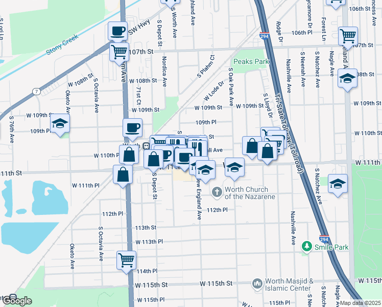 map of restaurants, bars, coffee shops, grocery stores, and more near 6947 West Crandall Avenue in Worth