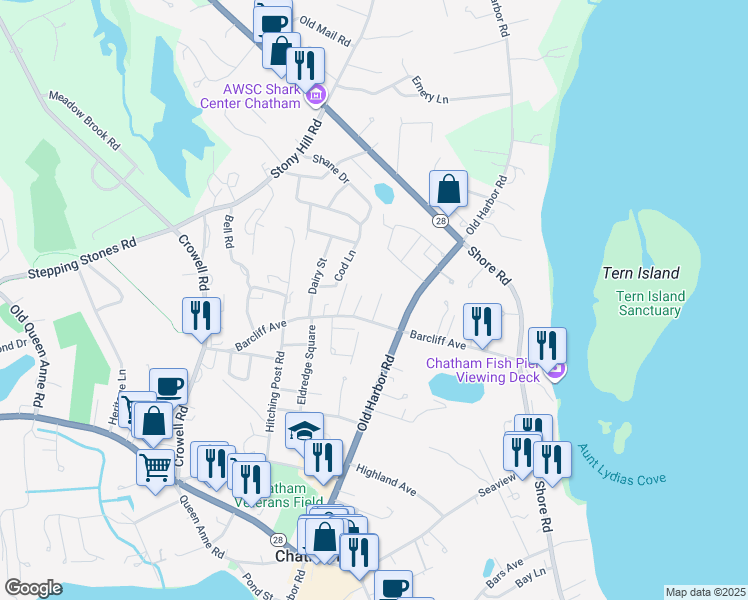 map of restaurants, bars, coffee shops, grocery stores, and more near 15 Mousehole Lane in Chatham