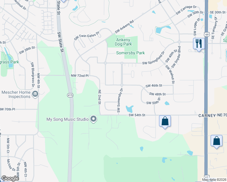 map of restaurants, bars, coffee shops, grocery stores, and more near 1012 Southwest 47th Circle in Ankeny