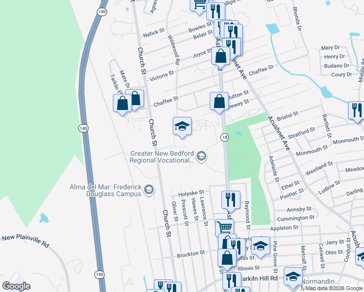 map of restaurants, bars, coffee shops, grocery stores, and more near 1121 Ashley Boulevard in New Bedford