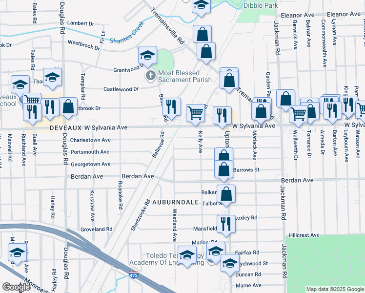 map of restaurants, bars, coffee shops, grocery stores, and more near 2040 Brussels Street in Toledo