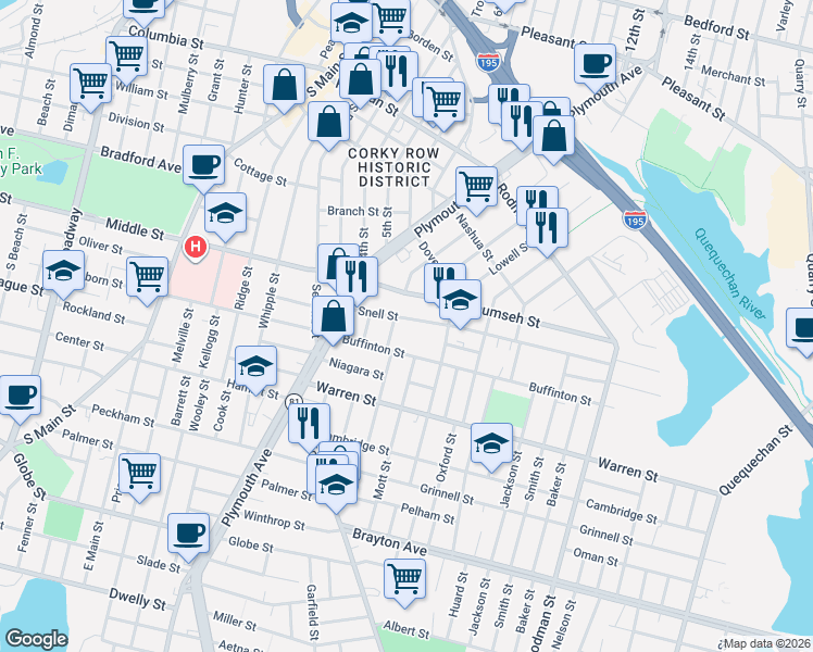 map of restaurants, bars, coffee shops, grocery stores, and more near 123 Snell Street in Fall River