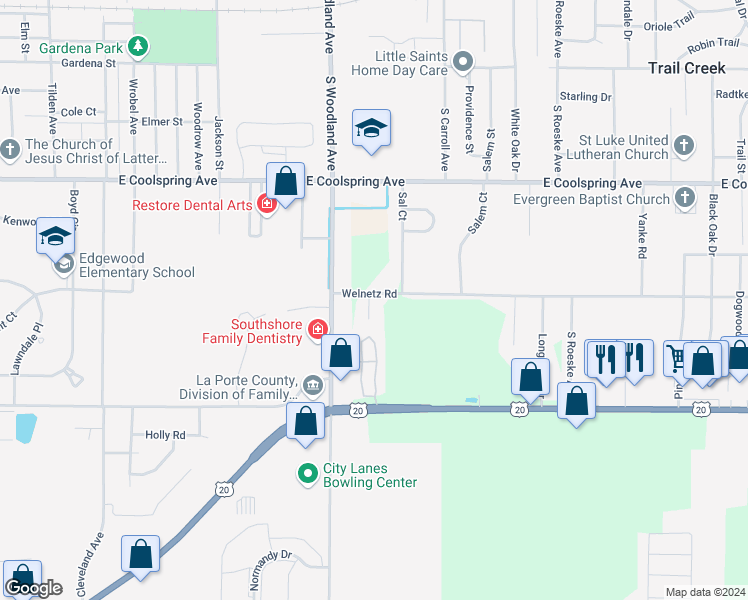 map of restaurants, bars, coffee shops, grocery stores, and more near 1400 Larain Drive in Michigan City