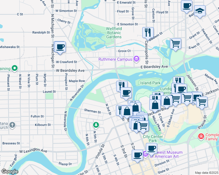 map of restaurants, bars, coffee shops, grocery stores, and more near 427 North 2nd Street in Elkhart