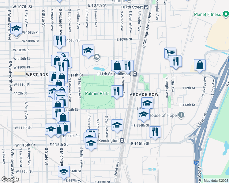 map of restaurants, bars, coffee shops, grocery stores, and more near S King Dr & E 112th St in Chicago