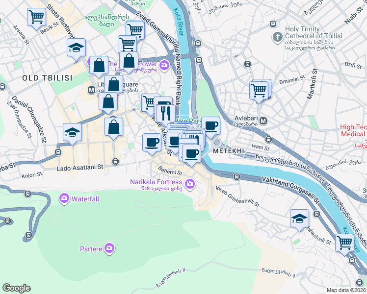 map of restaurants, bars, coffee shops, grocery stores, and more near 7 Bambis Rigi Street in Tbilisi