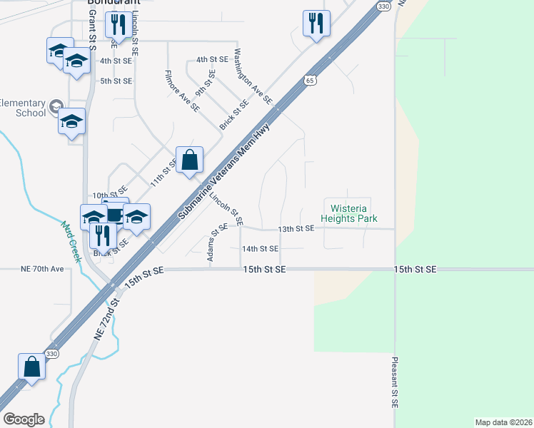 map of restaurants, bars, coffee shops, grocery stores, and more near 1205 Cove St SE in Bondurant