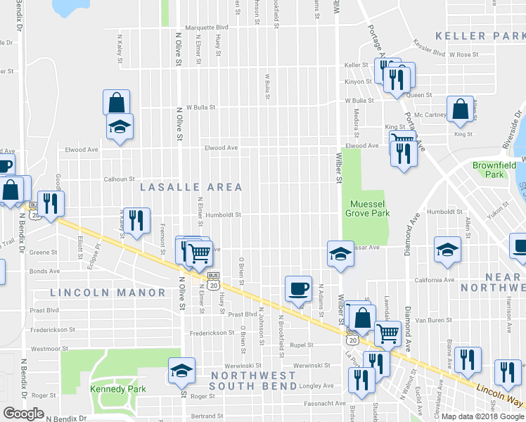 map of restaurants, bars, coffee shops, grocery stores, and more near 1202 North Johnson Street in South Bend