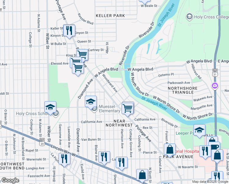 map of restaurants, bars, coffee shops, grocery stores, and more near 1209 Woodward Avenue in South Bend