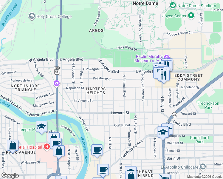 map of restaurants, bars, coffee shops, grocery stores, and more near 1150-1198 North Hill Street in South Bend