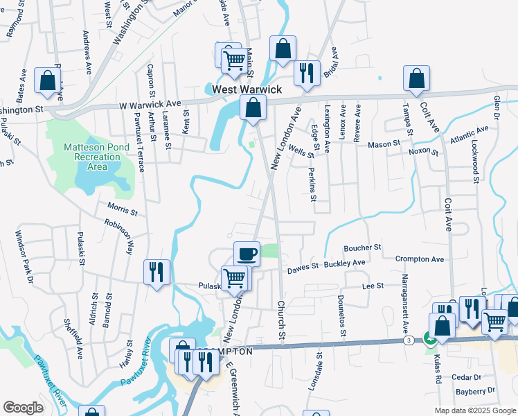 map of restaurants, bars, coffee shops, grocery stores, and more near 1559 Main Street in West Warwick