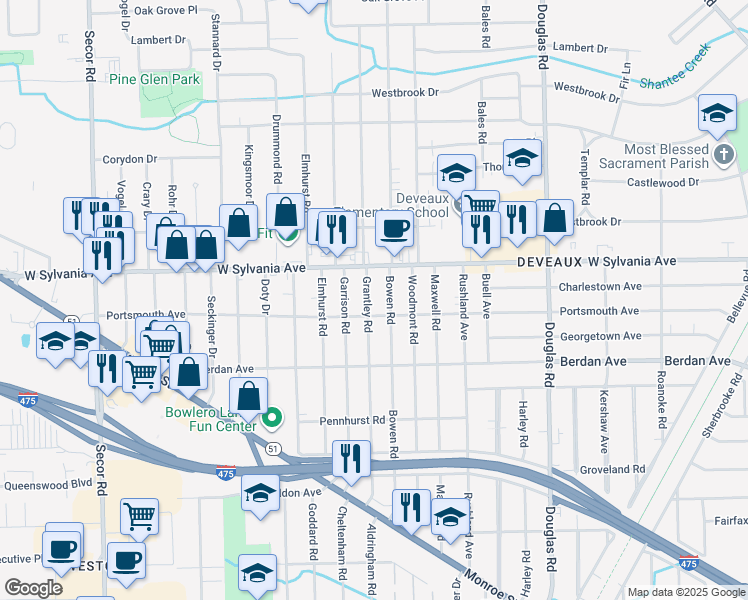 map of restaurants, bars, coffee shops, grocery stores, and more near 3920 Grantley Rd in Toledo