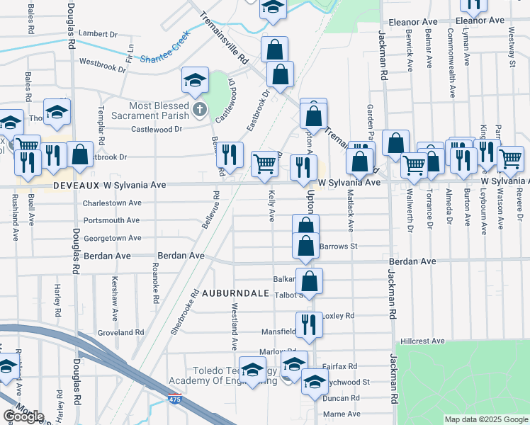 map of restaurants, bars, coffee shops, grocery stores, and more near 2010 Brussels Street in Toledo
