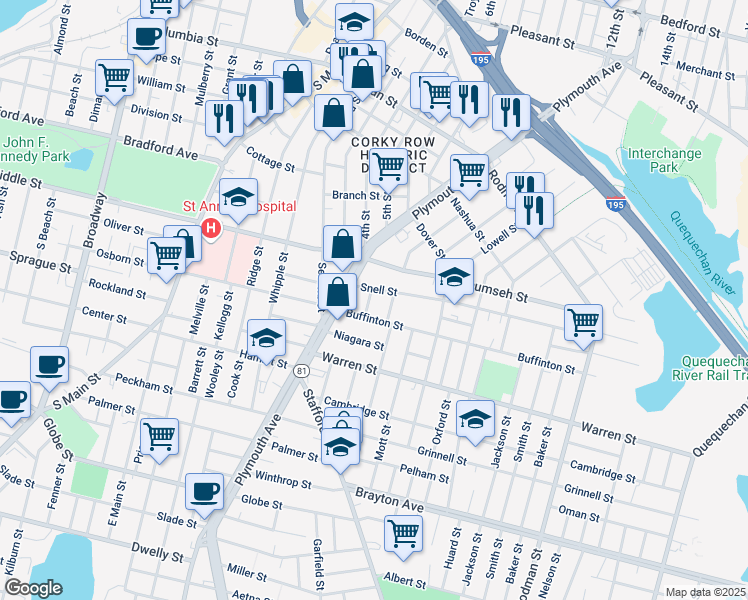map of restaurants, bars, coffee shops, grocery stores, and more near 22 Lenox Street in Fall River