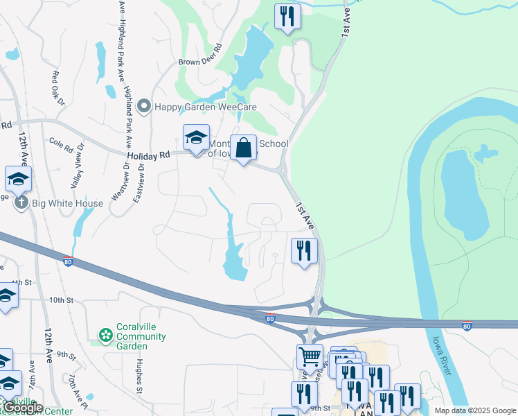 map of restaurants, bars, coffee shops, grocery stores, and more near 3 Russell Slade Boulevard in Coralville