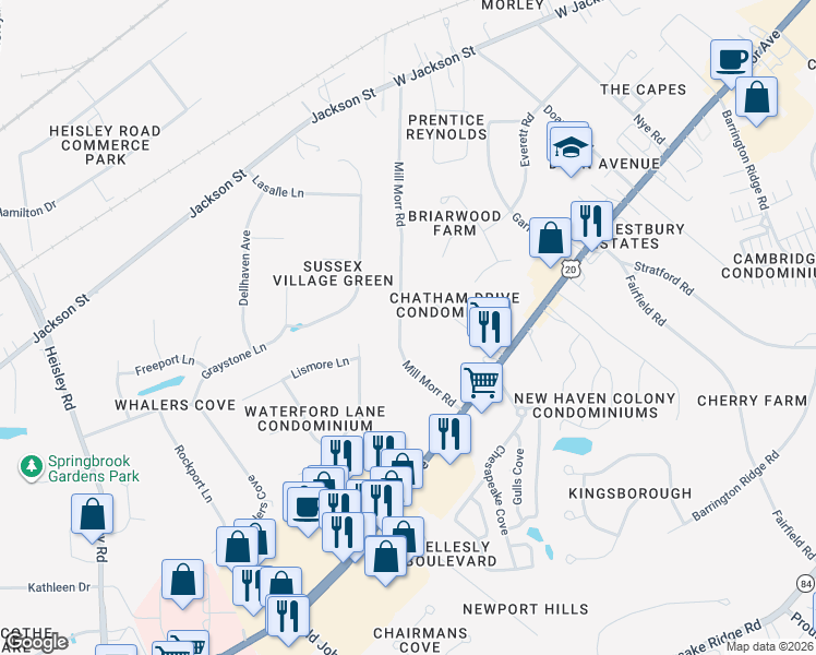 map of restaurants, bars, coffee shops, grocery stores, and more near 110 Mill Morr Road in Painesville