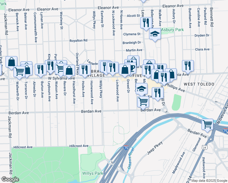 map of restaurants, bars, coffee shops, grocery stores, and more near 3909 Lockwood Avenue in Toledo