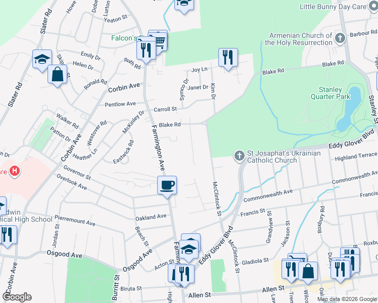 map of restaurants, bars, coffee shops, grocery stores, and more near 62 Sandy Brook Drive in New Britain