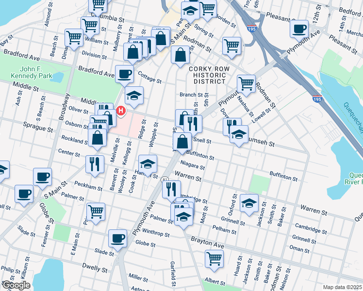 map of restaurants, bars, coffee shops, grocery stores, and more near 867 Plymouth Avenue in Fall River