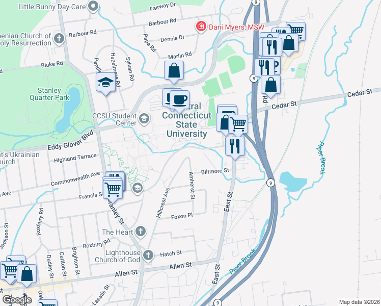 map of restaurants, bars, coffee shops, grocery stores, and more near 241 Amherst Street in New Britain