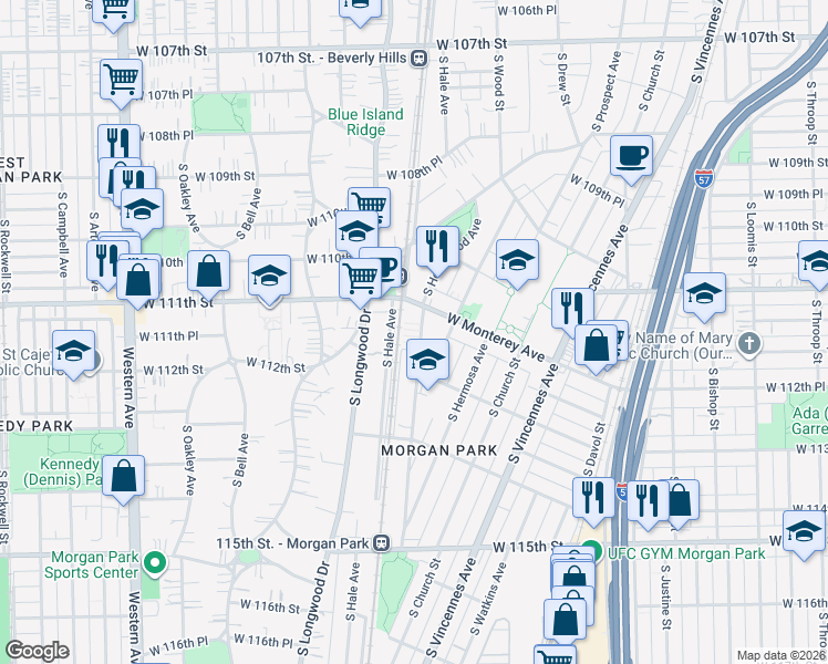 map of restaurants, bars, coffee shops, grocery stores, and more near 11120 South Homewood Avenue in Chicago