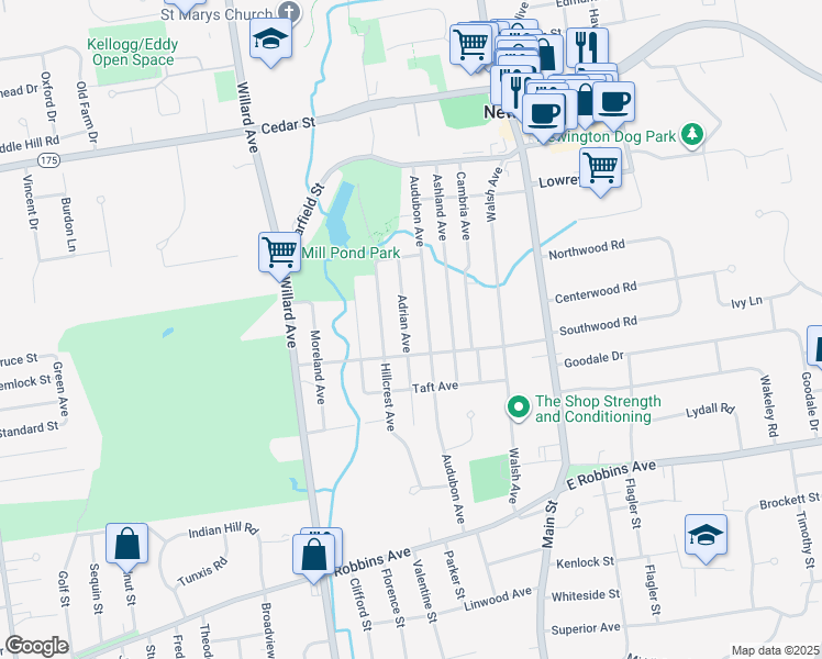map of restaurants, bars, coffee shops, grocery stores, and more near 180 Adrian Avenue in Newington