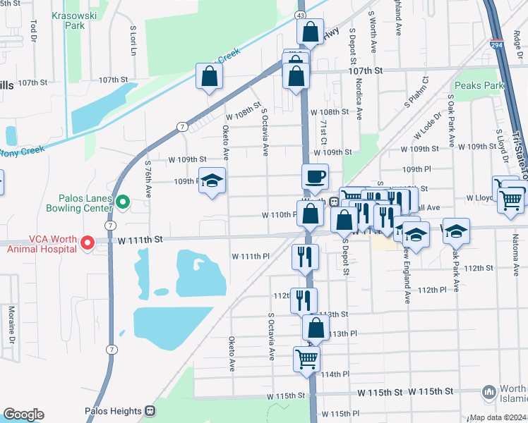 map of restaurants, bars, coffee shops, grocery stores, and more near 11026 South Octavia Avenue in Worth