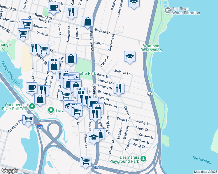 map of restaurants, bars, coffee shops, grocery stores, and more near 112 Arizona Street in Fall River