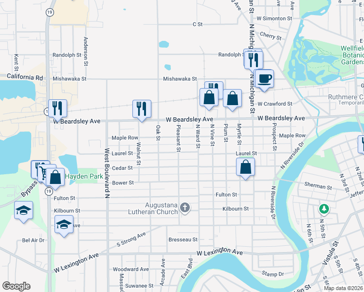 map of restaurants, bars, coffee shops, grocery stores, and more near 610 Pleasant Street in Elkhart