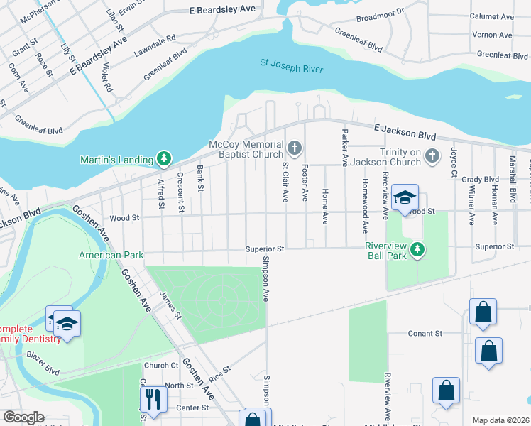 map of restaurants, bars, coffee shops, grocery stores, and more near 1898 Wood St in Elkhart