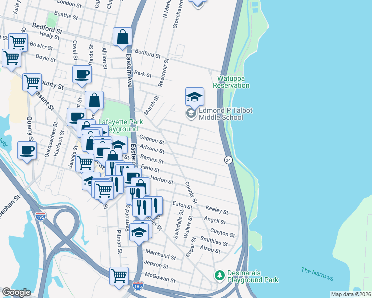 map of restaurants, bars, coffee shops, grocery stores, and more near 127 Lafayette Street in Fall River