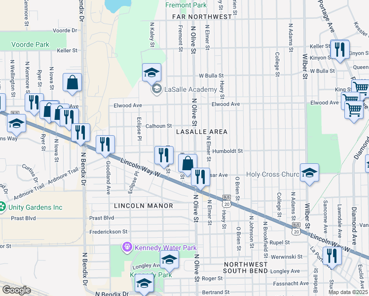 map of restaurants, bars, coffee shops, grocery stores, and more near 1206 Fremont Street in South Bend