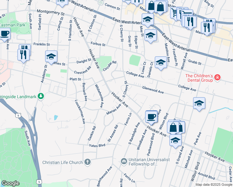 map of restaurants, bars, coffee shops, grocery stores, and more near 120 Hooker Avenue in Poughkeepsie