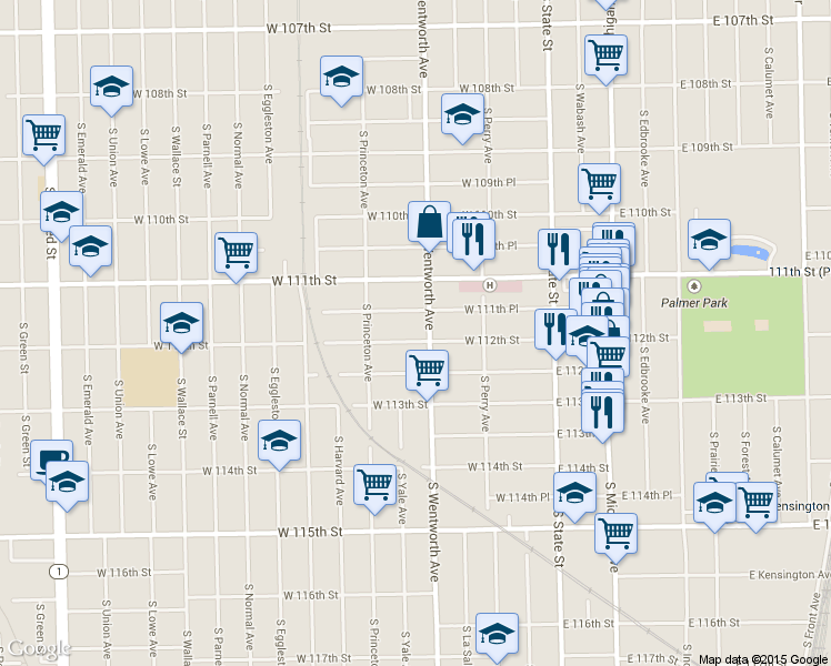 map of restaurants, bars, coffee shops, grocery stores, and more near 210 W 112th St in Chicago