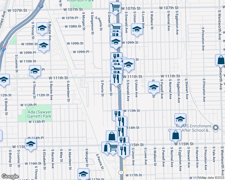 map of restaurants, bars, coffee shops, grocery stores, and more near 11147 South Green Street in Chicago