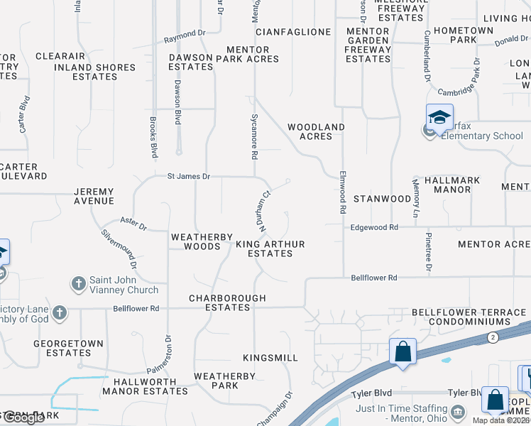 map of restaurants, bars, coffee shops, grocery stores, and more near 6621 Durham Court in Mentor