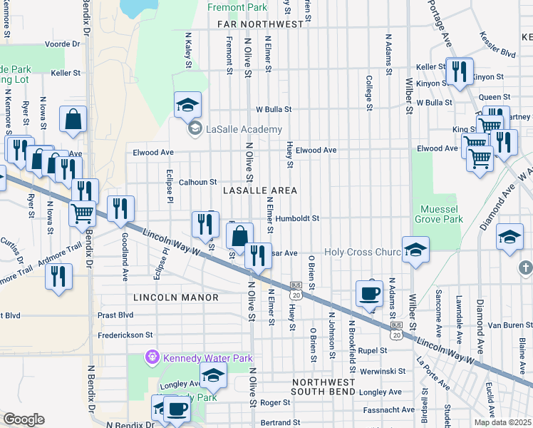 map of restaurants, bars, coffee shops, grocery stores, and more near 1205 North Elmer Street in South Bend