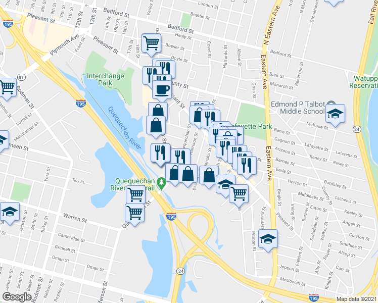 map of restaurants, bars, coffee shops, grocery stores, and more near 281 Harrison Street in Fall River