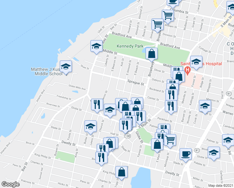 map of restaurants, bars, coffee shops, grocery stores, and more near 23 Evelyn's Way in Fall River