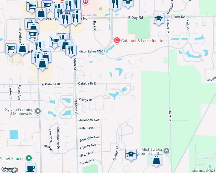 map of restaurants, bars, coffee shops, grocery stores, and more near 3259 Village Drive in Mishawaka