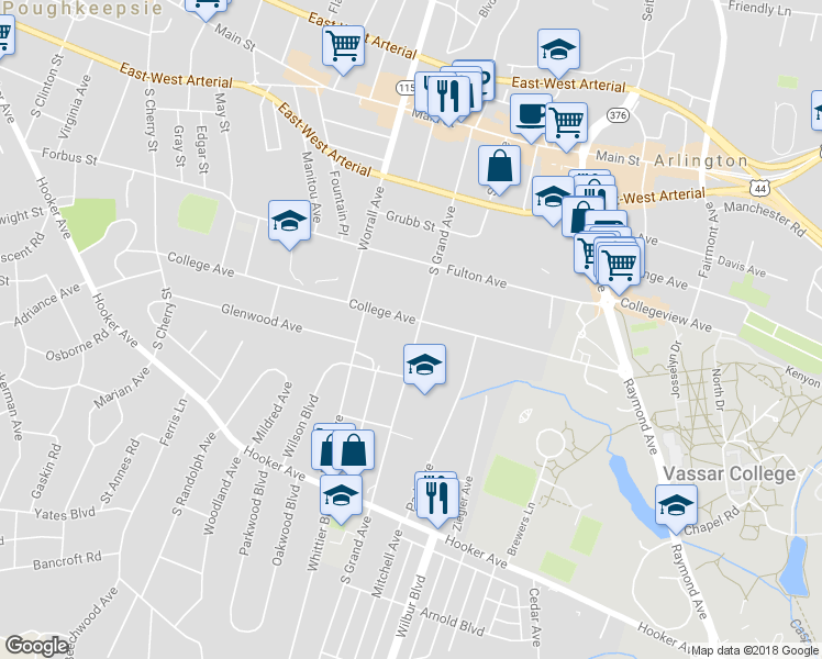 map of restaurants, bars, coffee shops, grocery stores, and more near 102 College Avenue in Poughkeepsie