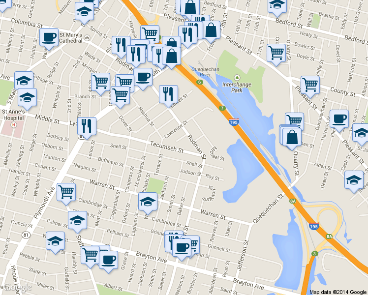 map of restaurants, bars, coffee shops, grocery stores, and more near 452 Tecumseh Street in Fall River
