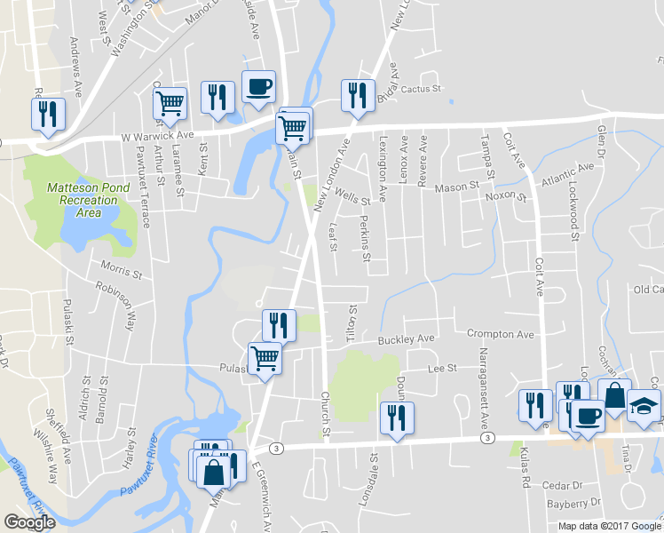 map of restaurants, bars, coffee shops, grocery stores, and more near 67 Leaf St in West Warwick
