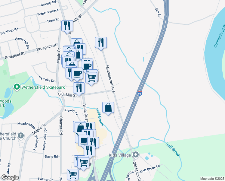 map of restaurants, bars, coffee shops, grocery stores, and more near 4 Mill Street in Wethersfield
