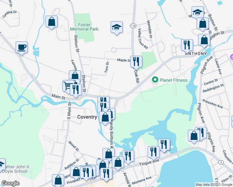 map of restaurants, bars, coffee shops, grocery stores, and more near 1035 Main Street in Coventry